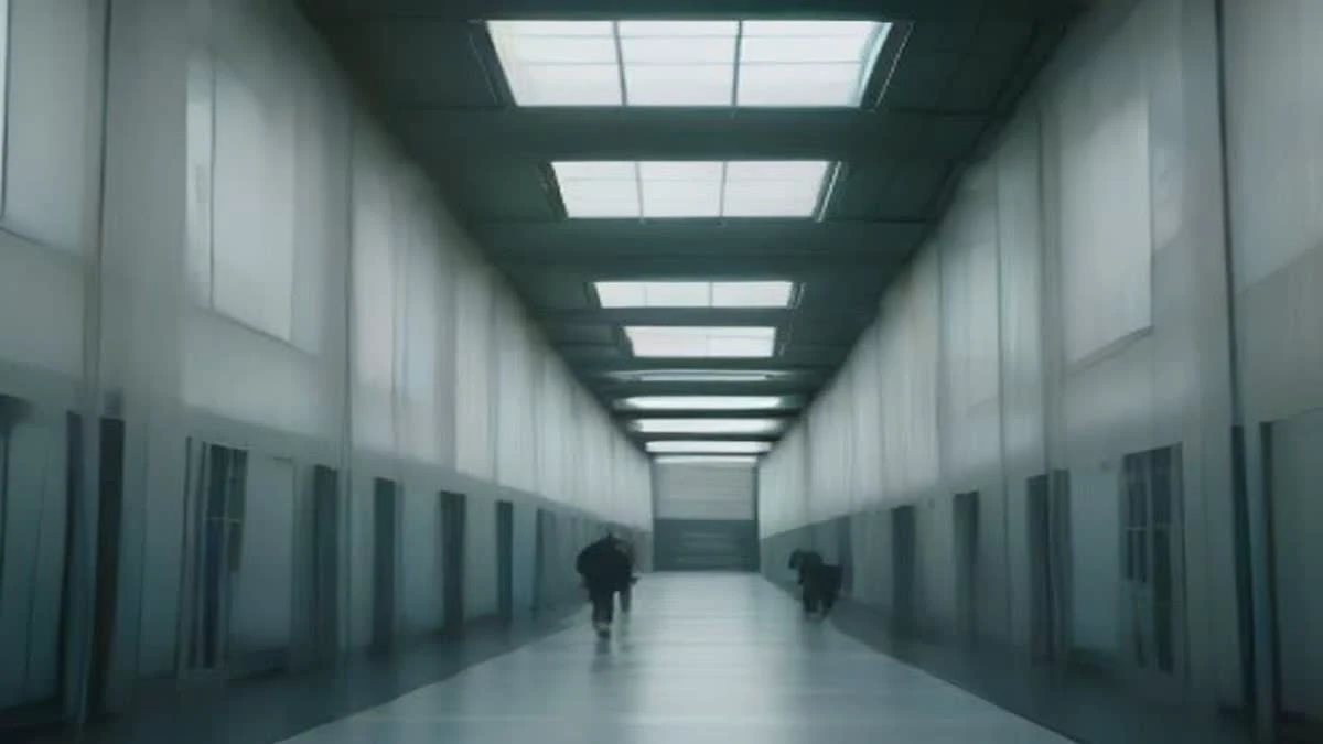 Engineers walking between rows of computing hardware in a bright industrial hall with tall windows